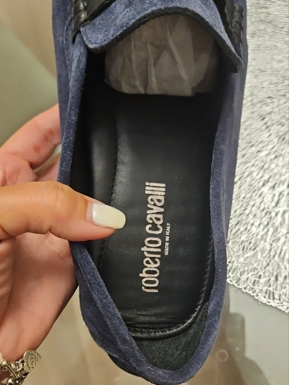 Roberto Cavalli Navy Suede Loafers w Branded Metal Buckle, NWOT, Size 43